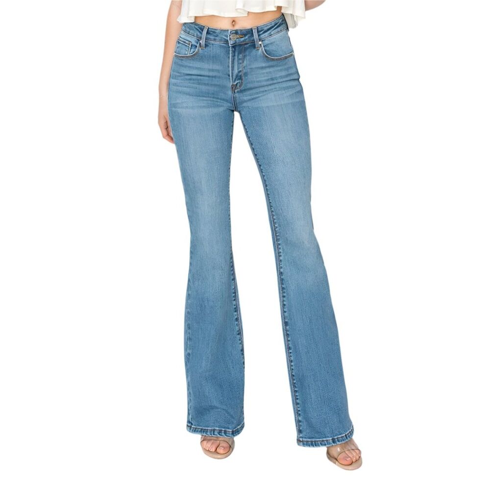 Risen Jeans Flare Mid Rise Boot Cut 5 Pocket EUC 9/29 Hippie Retro Washed